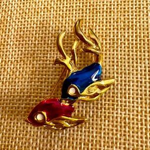 Vintage Red Fish Blue Fish Enamel Brooch Gold Tone Koi Style Pin Feng Shui